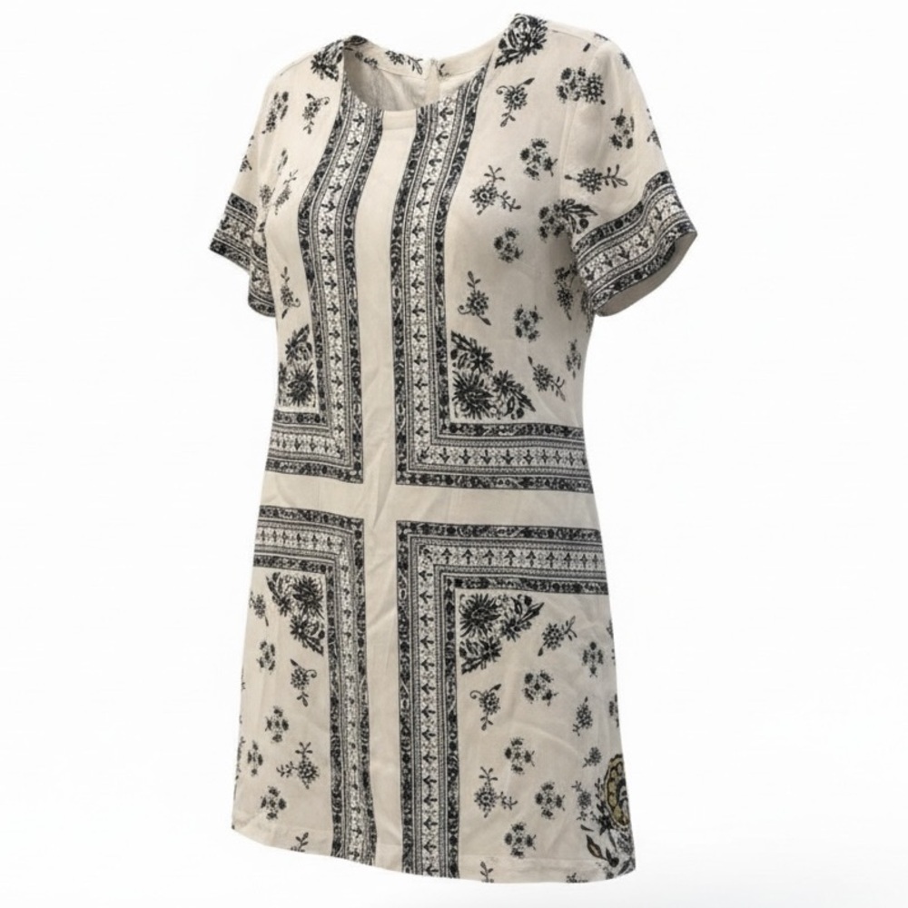 LOFT Navy White Toile Print Rayon Shift Dress Lined Short Sleeve Size Small